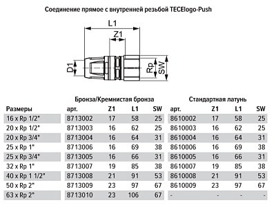 Соединение TECE TECElogo прямое с внутренней резьбой 50 х 2, бронза