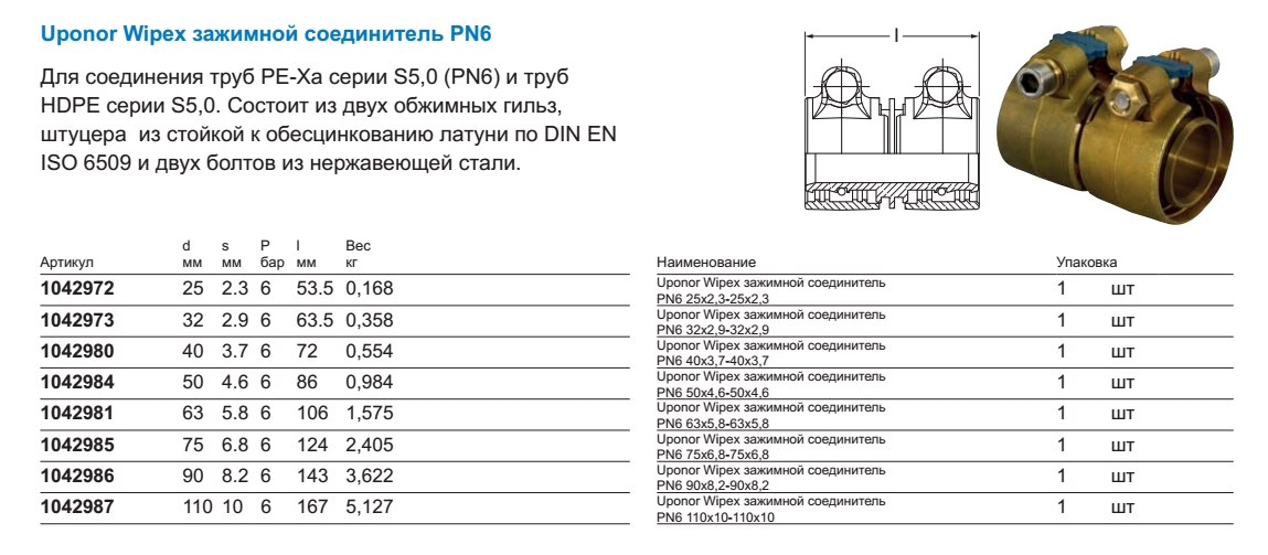 Зажимной соединитель Uponor WIPEX ЗАЖИМНОЙ СОЕДИНИТЕЛЬ PN6 40X3,7-40X3,7